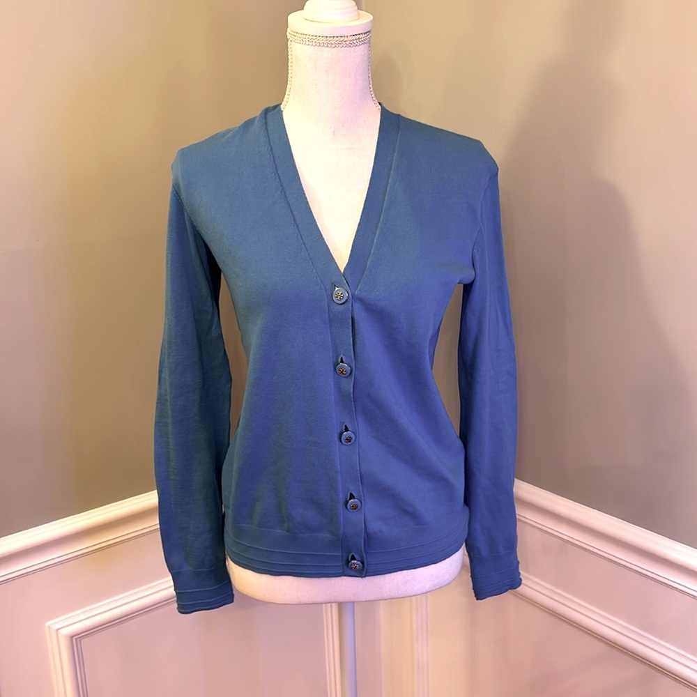 Tory Burch Simone Blue Button-Up Sweater